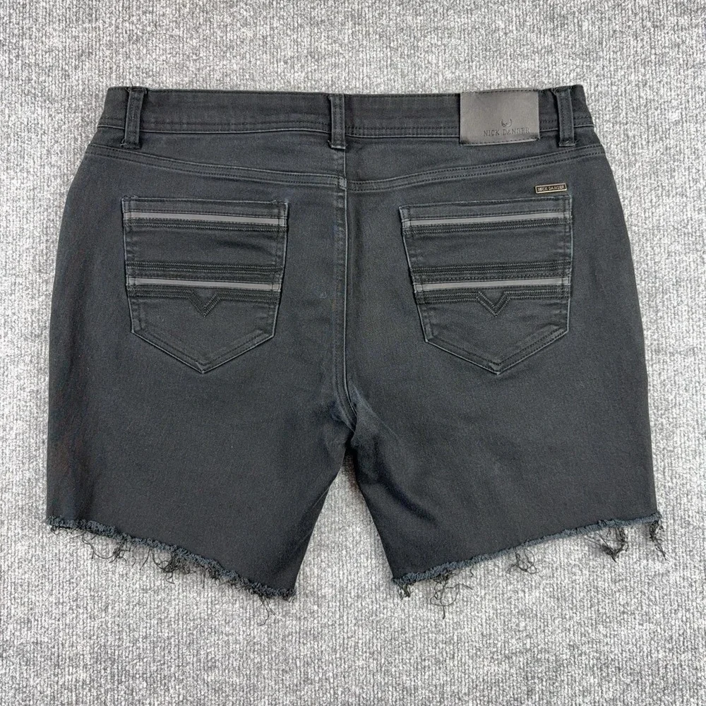 Nick Danger Shorts Mens 38 Black Denim Biker Distressed 8 Inseam Raw Hem Stretch
